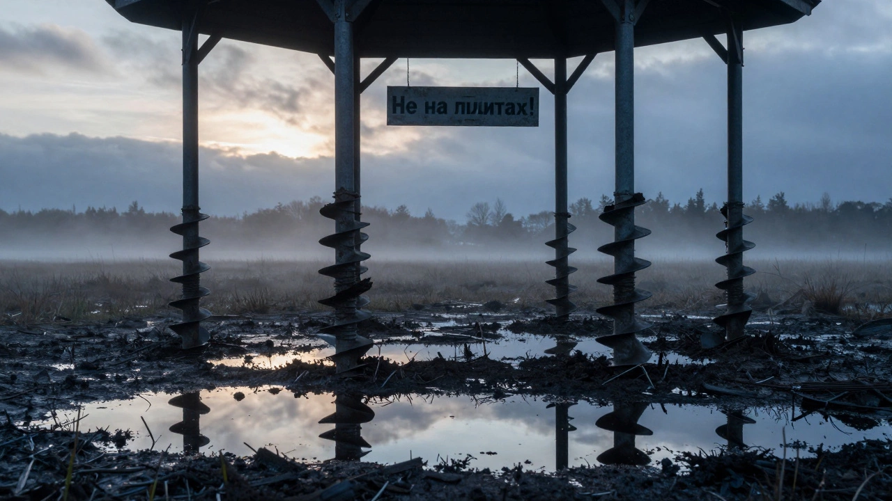 Винтовые сваи в болотистой почве под беседкой, металлический ростверк, туман на рассвете.