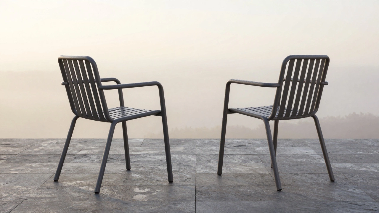 Алюминиевая садовая мебель с порошковым покрытием на каменной террасе у рассвета.