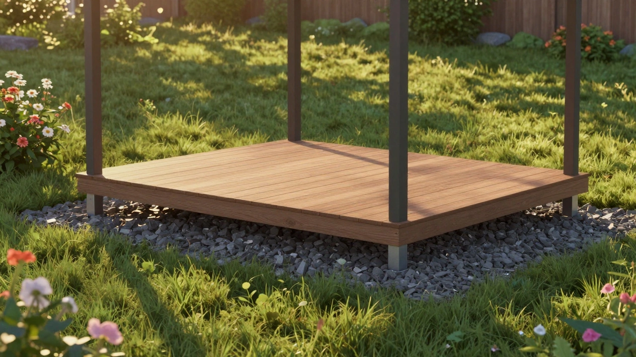 Беседка на металлических опорах над щебнем и геотекстилем с композитным настилом.