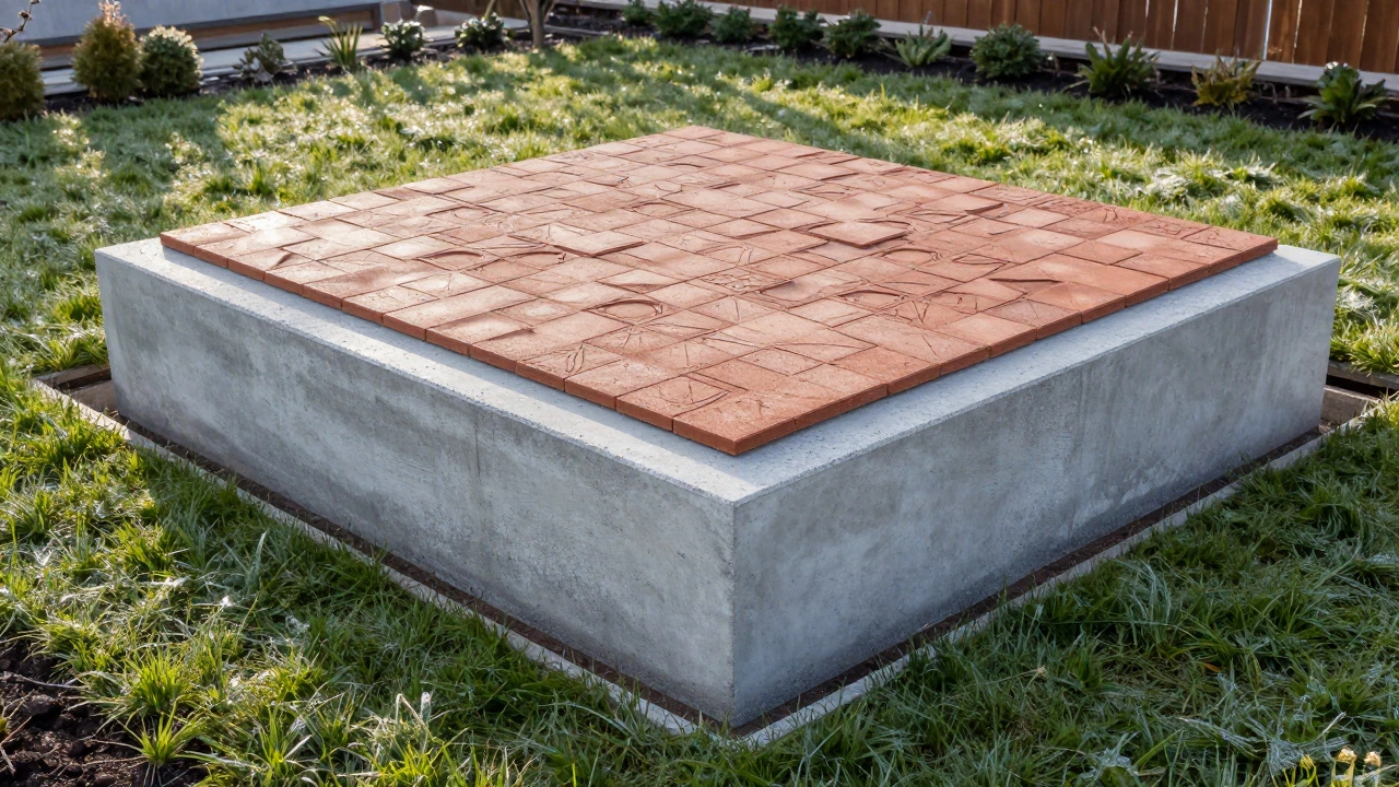 Бетонный фундамент под беседкой с керамической плиткой и дренажным уклоном.