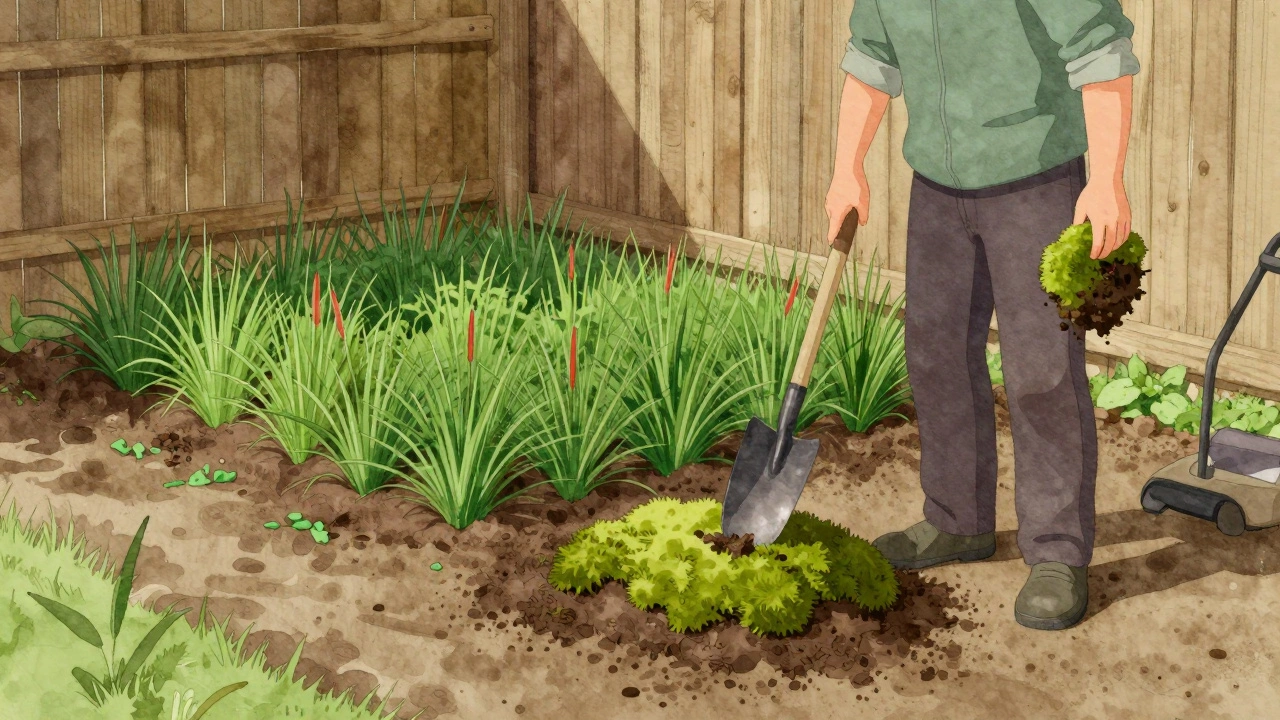 Человек пересаживает мох в тени забора, рядом — медленнорастущая травяная смесь.