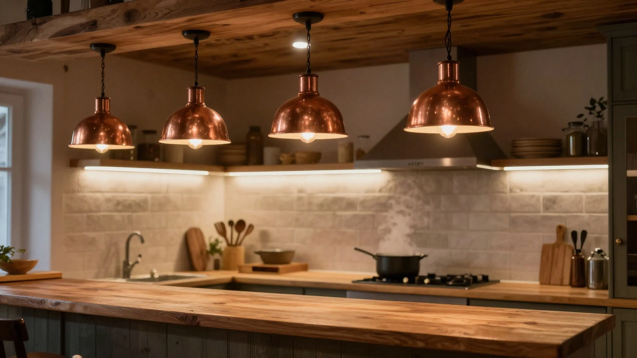 Деревенская кухня с медными подвесками, точечными светильниками в потолке и мягким светодиодным освещением под шкафами.