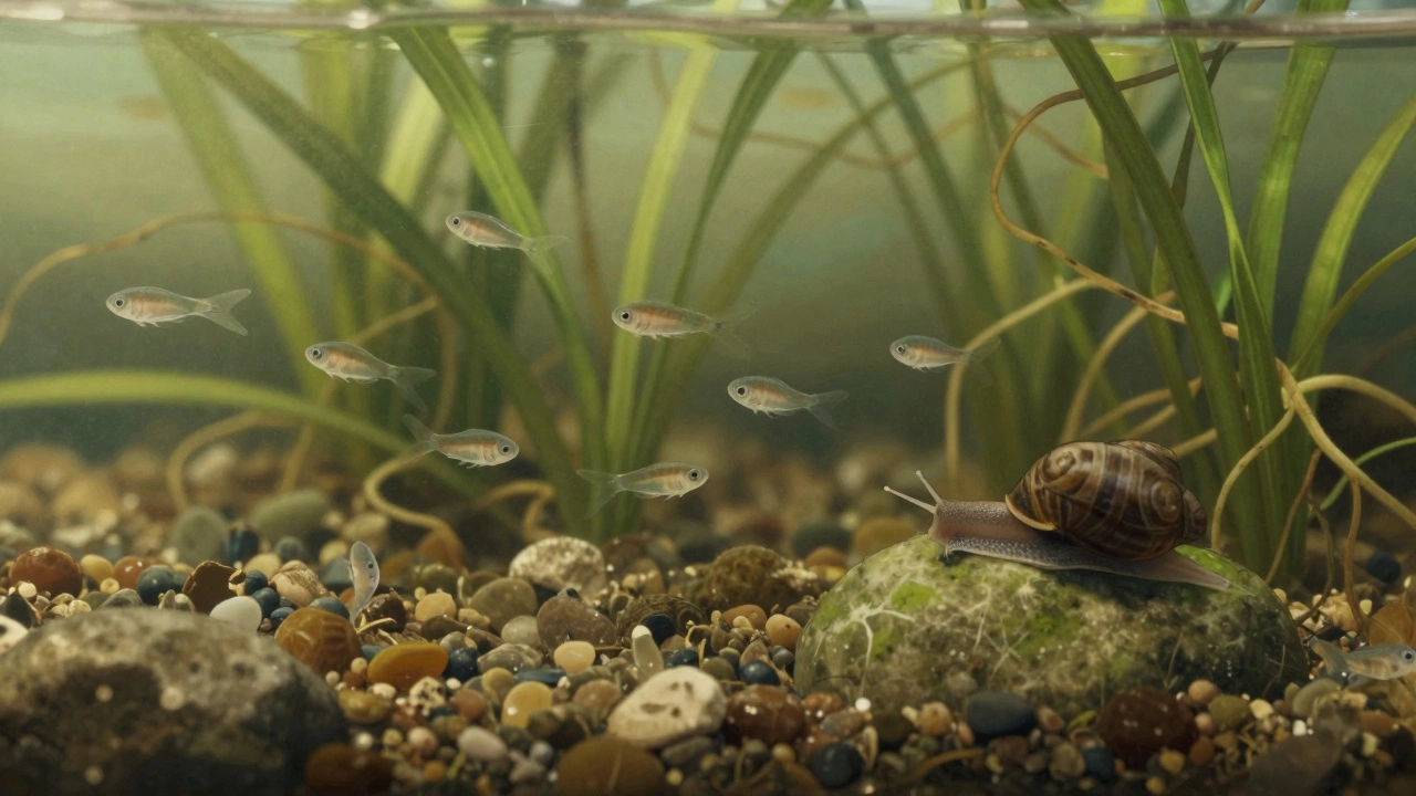 Крупный план гравия и корней растений с мелкими ракообразными и улиткой в чистой воде.