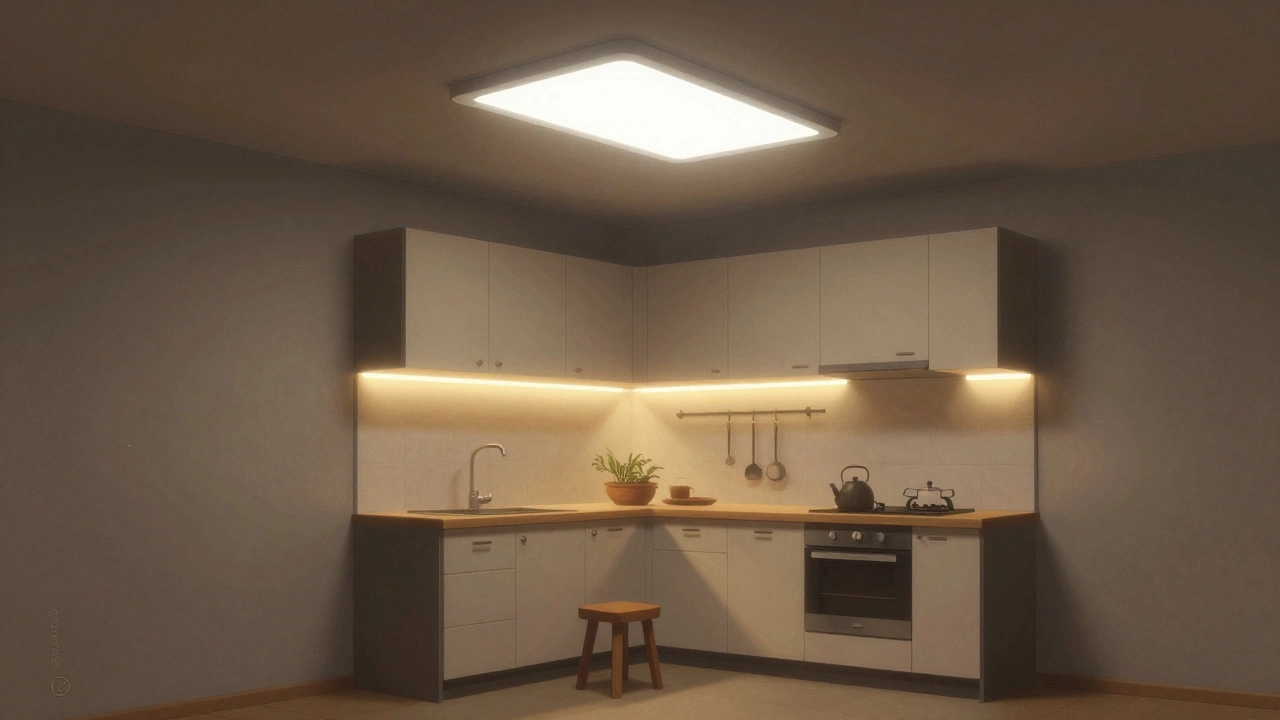 Маленькая кухня в хрущёвке с плоской LED-панелью на потолке и лентой под верхними шкафами, создающей равномерный свет.