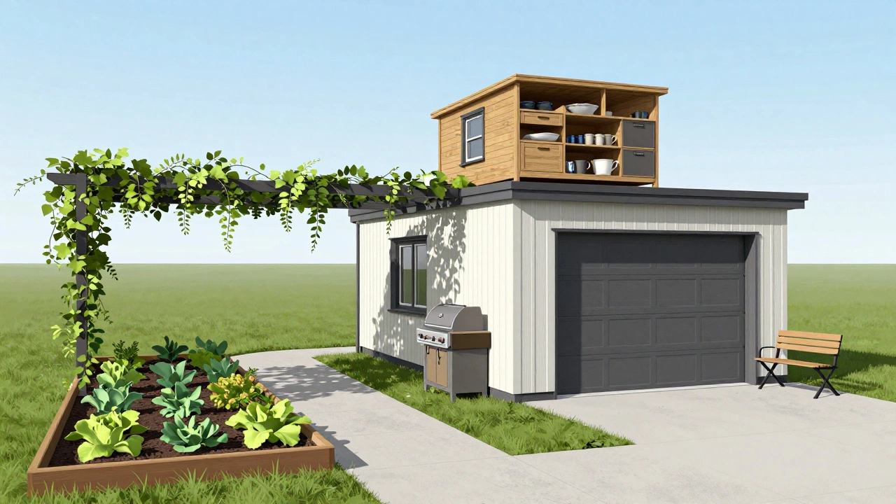 Маленький дачный участок на 6 соток с вертикальным хранением, навесом и огородом, оптимизированный для пространства.