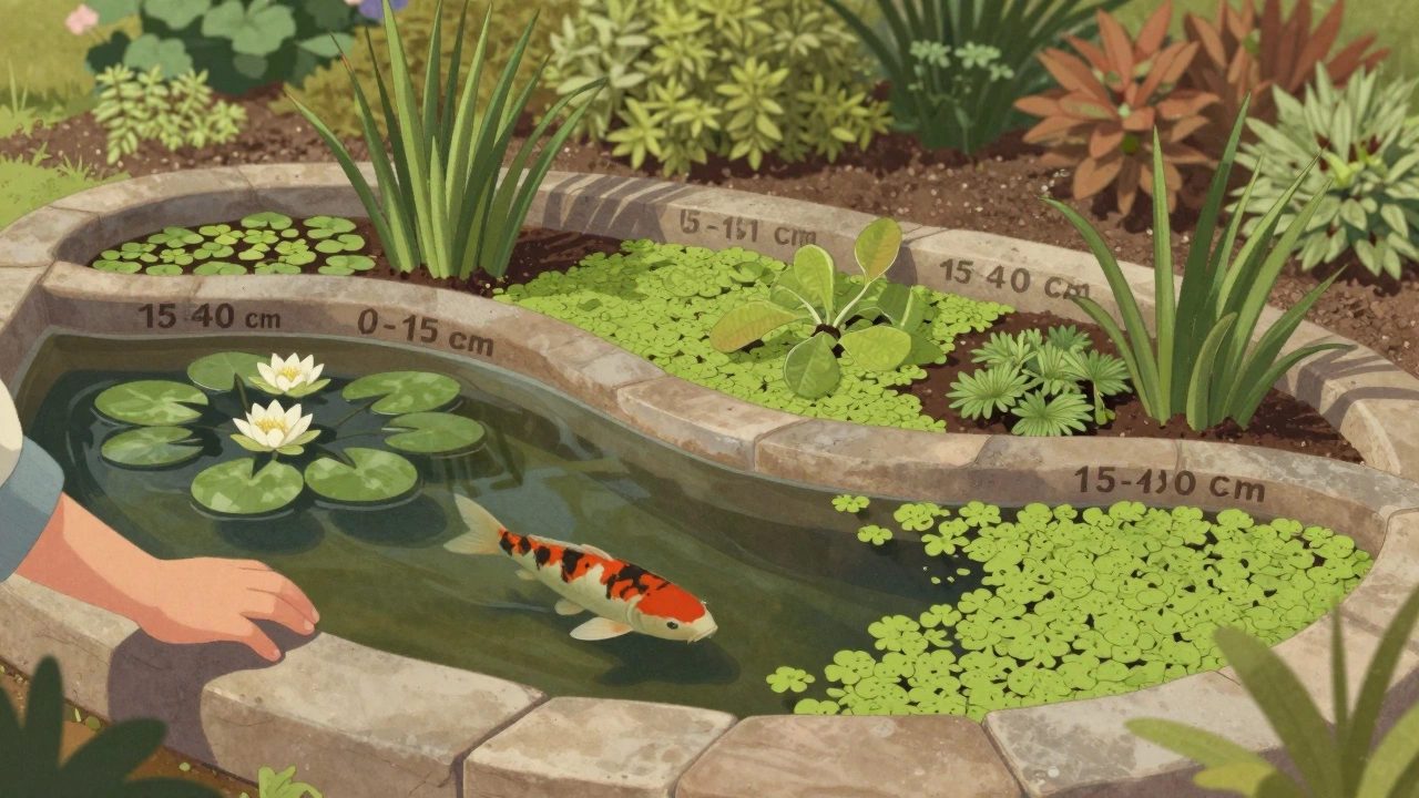 Многоуровневый пруд с безопасной мелководной зоной для детей и растениями разных глубин.