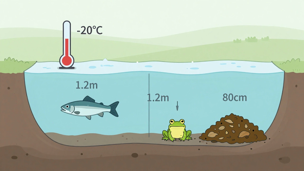 Поперечный разрез пруда с зонами глубины и символами экосистемы: рыба, лягушка, растения.