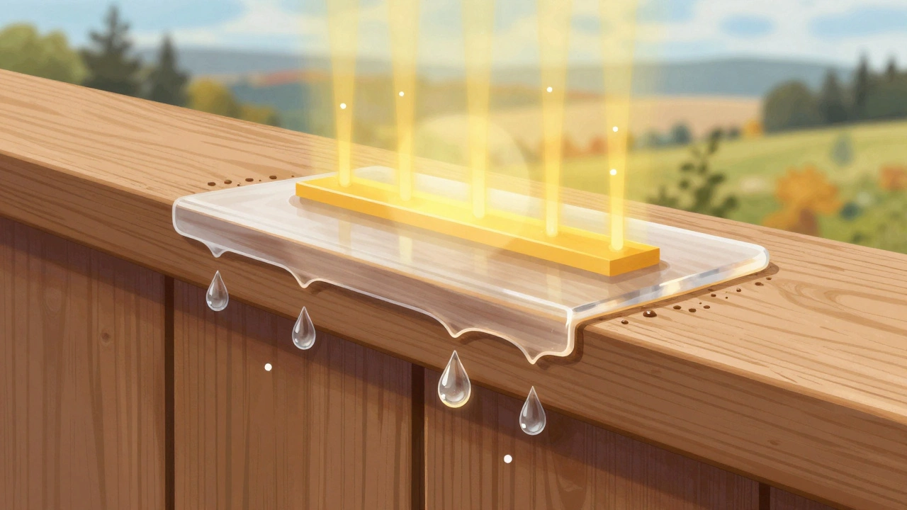 Разрез доски террасы: пропитка проникает в поры дерева, блокируя влагу и защищая от УФ-лучей.