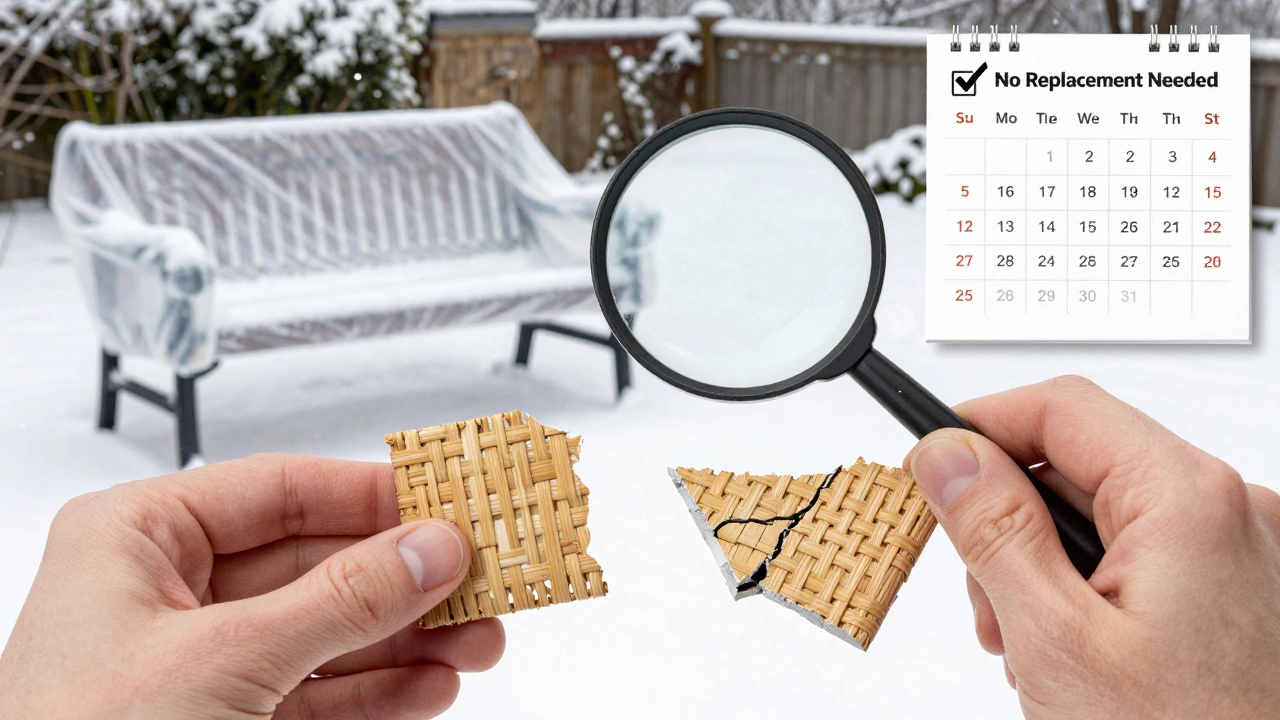 Рука держит образец качественного и плохого пластика, рядом — садовый стул под зимним чехлом.