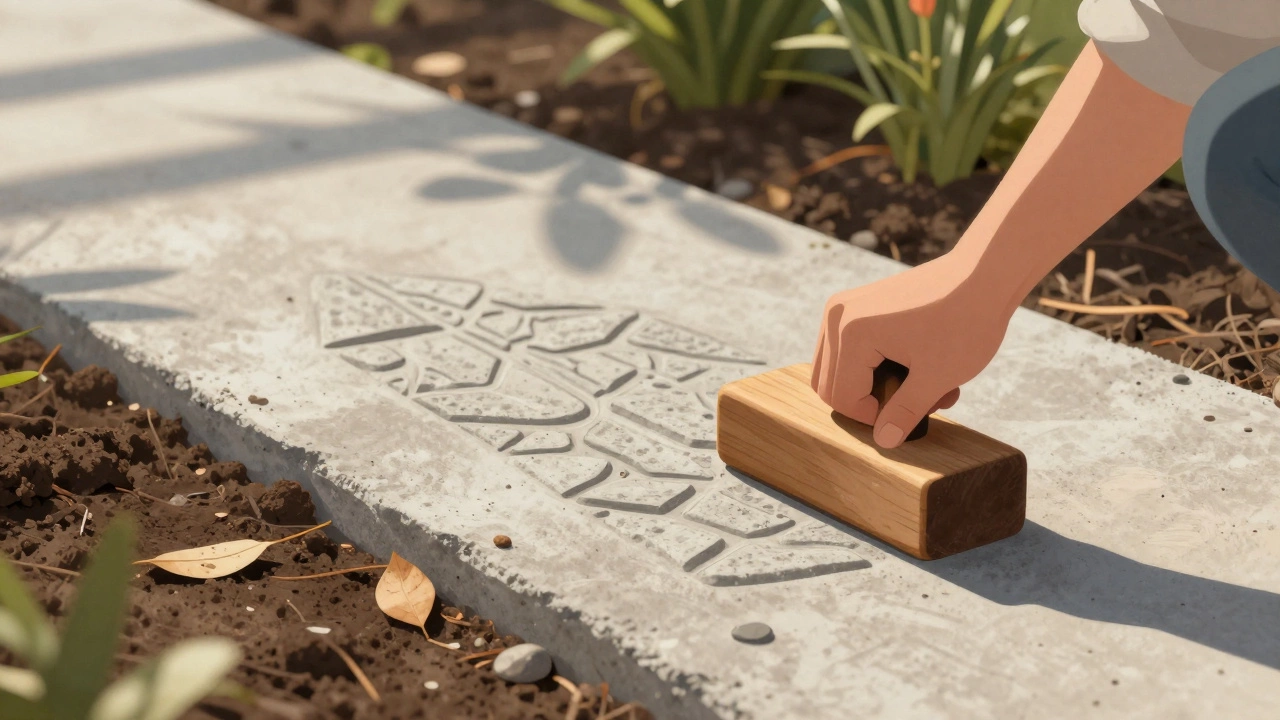 Рука создает текстуру на бетонной дорожке, имитирующую камень, с листьями на поверхности.