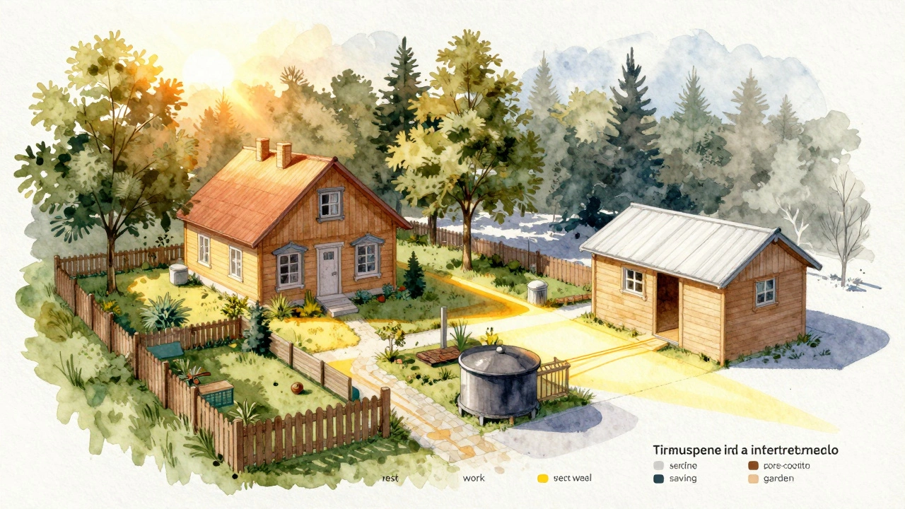 Схема солнечных путей на даче, показывающая оптимальное расположение построек по сезонам.