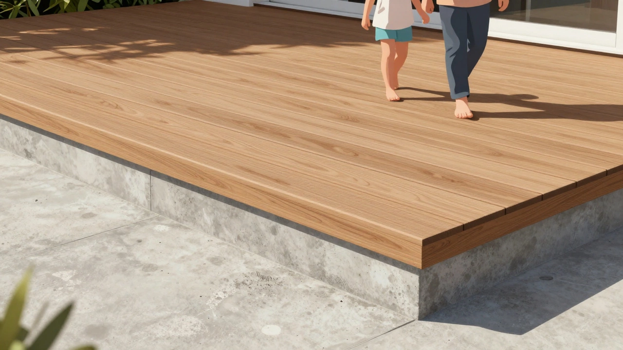 Современная террасная доска из WPC на бетонном основании с естественным деревянным рисунком.