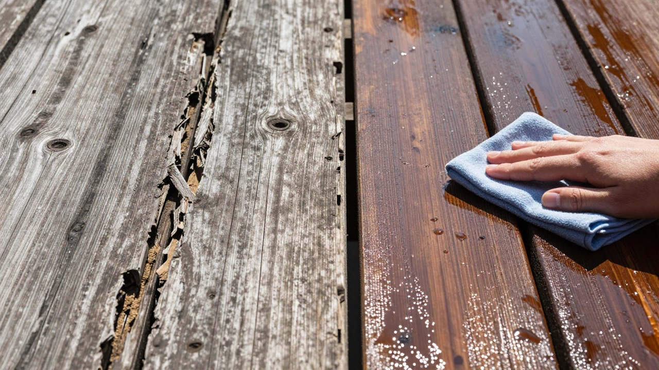 Сравнение повреждённого и восстановленного деревянного пола: слева — треснувшая древесина, справа — защищённая и водонепроницаемая.