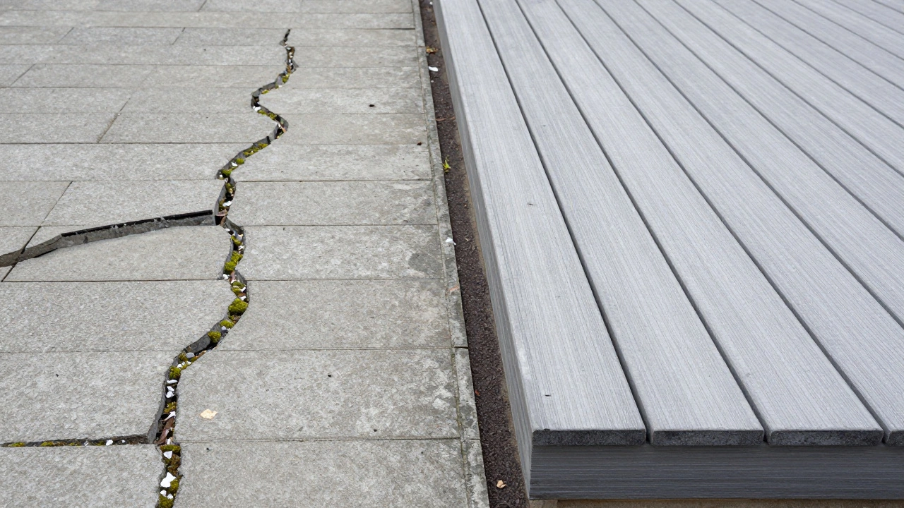 Сравнение: треснувшая бетонная плитка с мхом и целая композитная доска в зимних условиях.