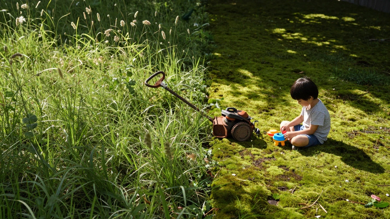 Сравнение: заросший газон слева и живой моховый ковер справа с ребенком на нем.