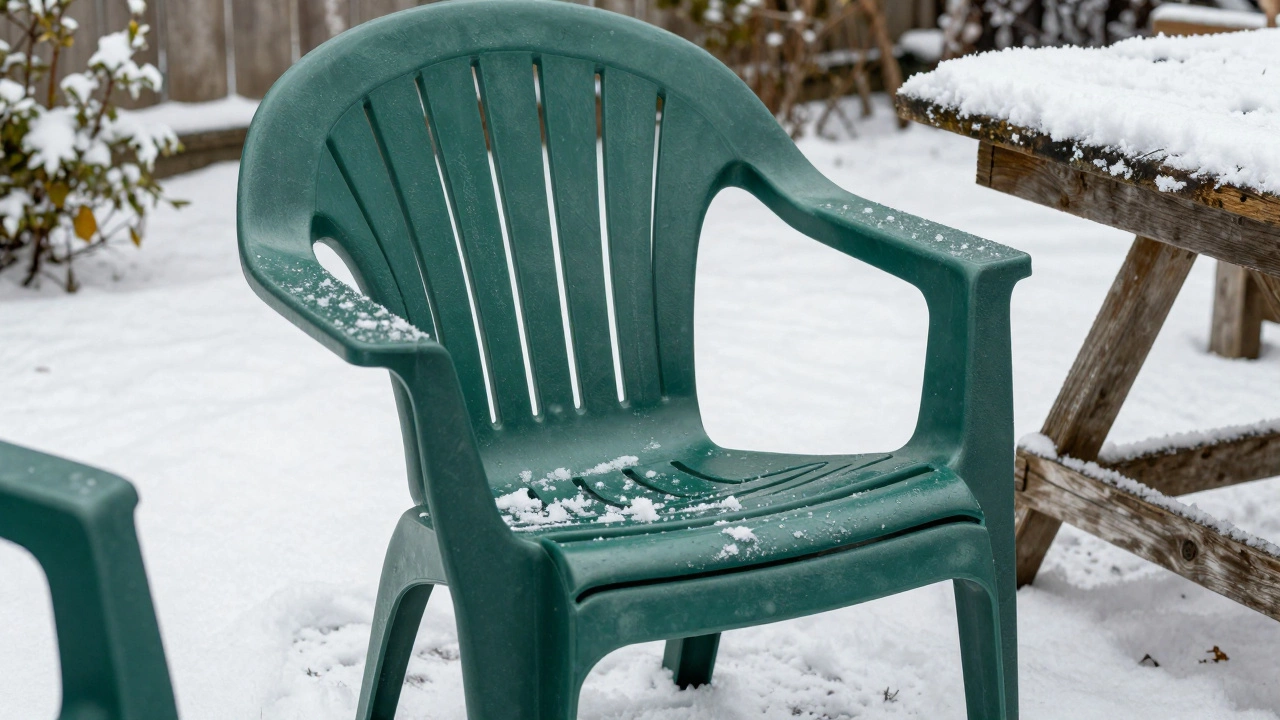 Стул из HDPE пластика в снегу, без повреждений, с естественным цветом материала.