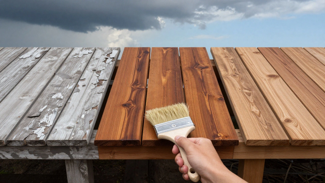 Три варианта террас: повреждённая, обработанная тиковым маслом и идеально ухоженная — сравнение состояний.