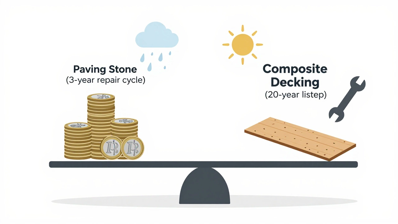 Весы с монетами за ремонт плитки и одной доской, символизирующие долгосрочную экономию.