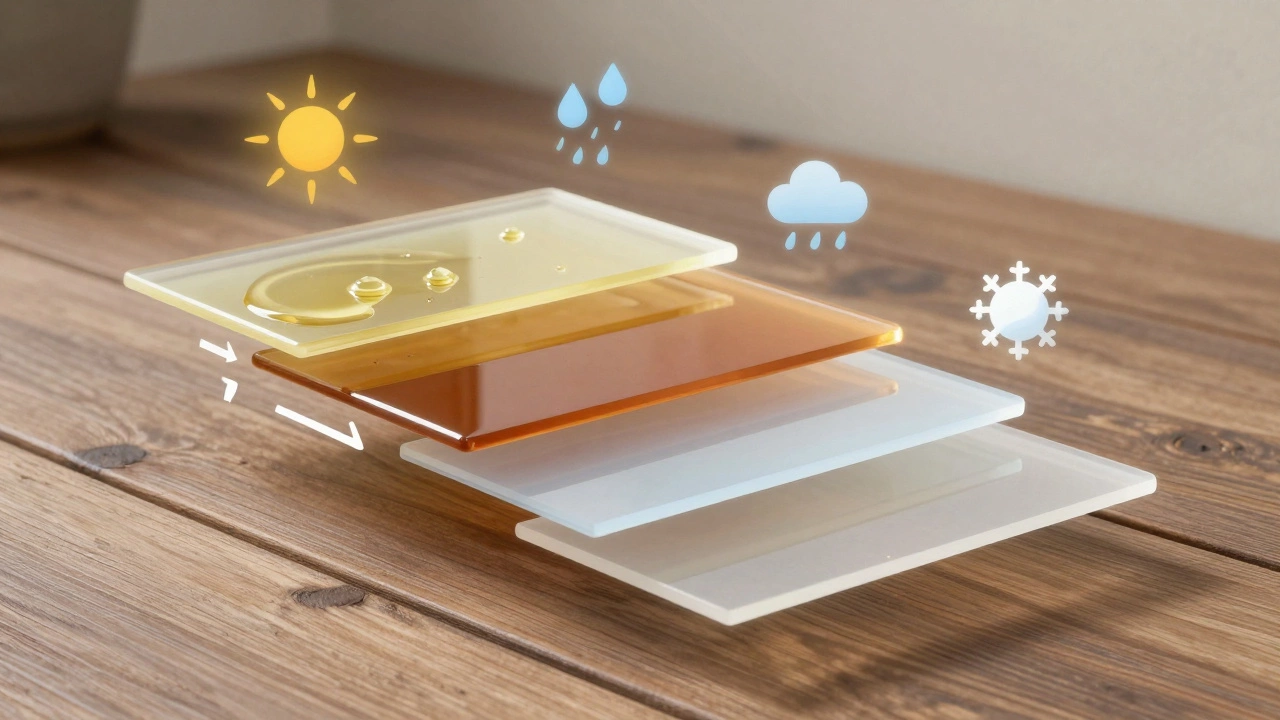 Четыре прозрачных слоя защитных составов для террасы, взаимодействующих с солнцем, дождём и снегом.