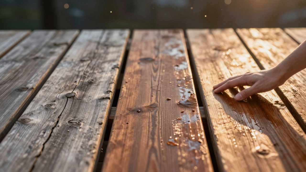 Деревянная терраса в разные этапы: свежая, повреждённая и восстановленная, с тёплым вечерним светом.