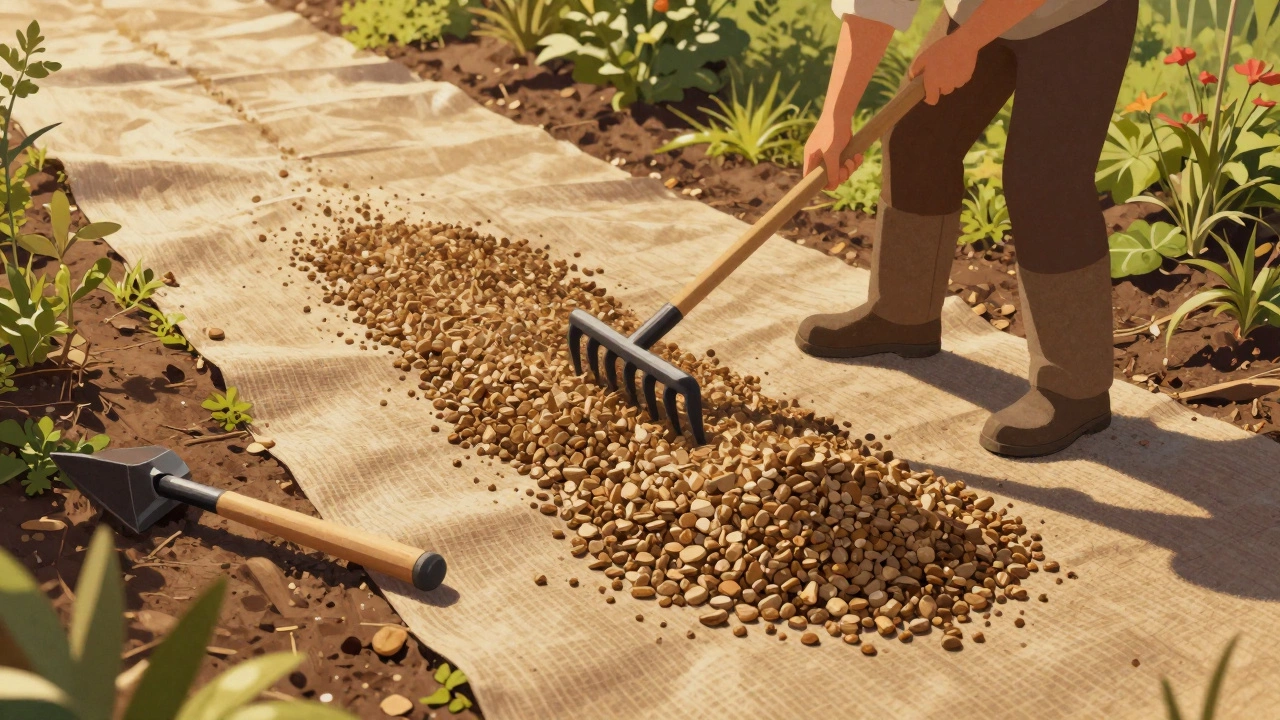 Гравий засыпан поверх геотекстиля и разровнен граблями