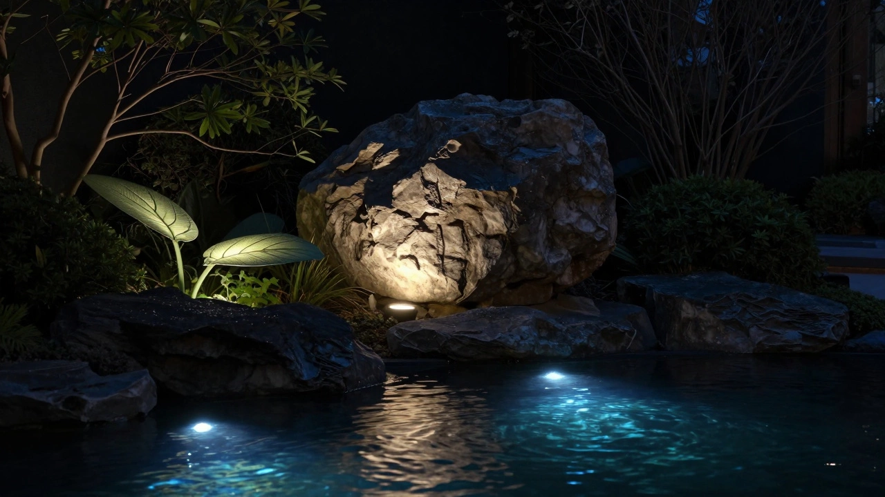 Камень и пруд подсвечены снизу, создавая эффект свечения изнутри в тёмном саду.