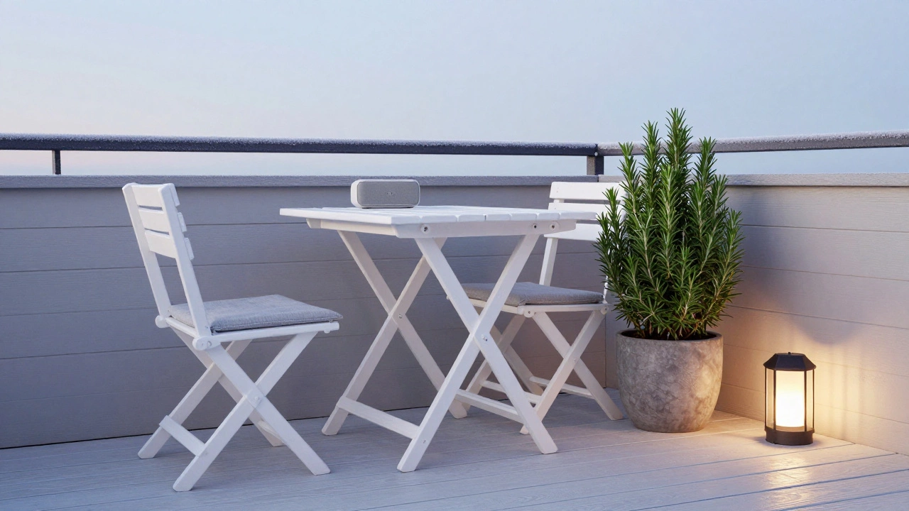 Минималистичная скандинавская терраса с белой мебелью, розмарином и солнечной лампой на фоне деревянного дома.