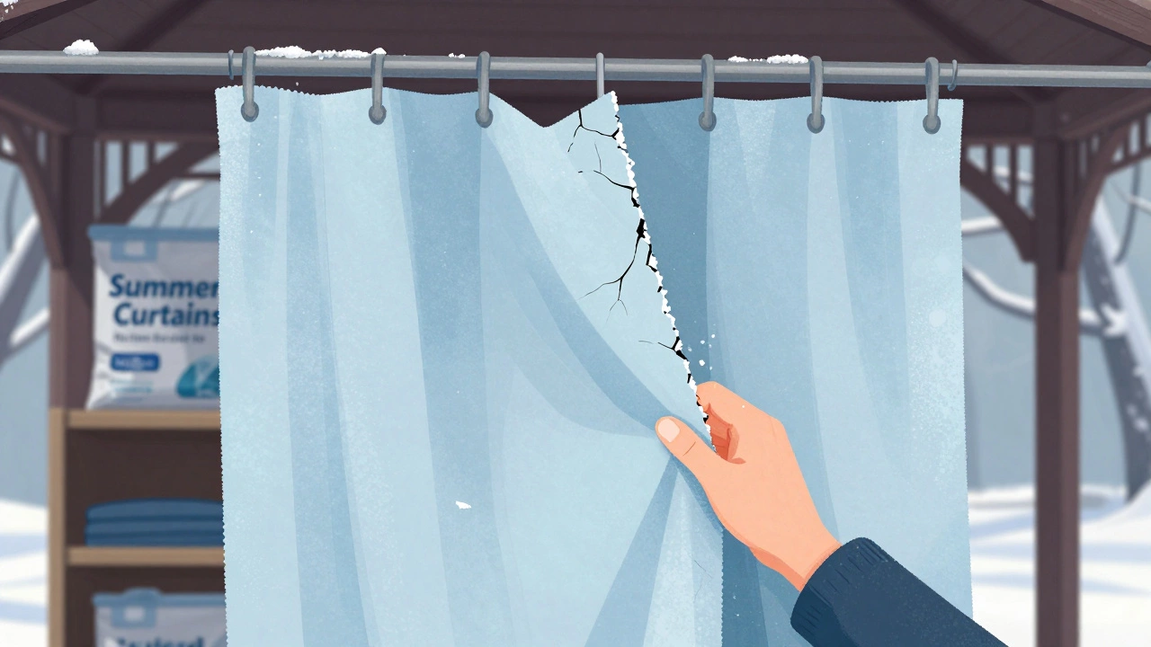 Рука поднимает замерзшую штору, снег осыпается, на полке виден мешок для хранения.