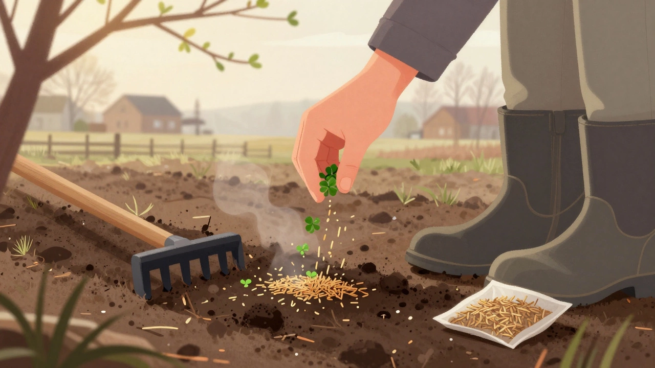 Рука рассеивает семена клевера и овсяницы на подготовленной земле весной.