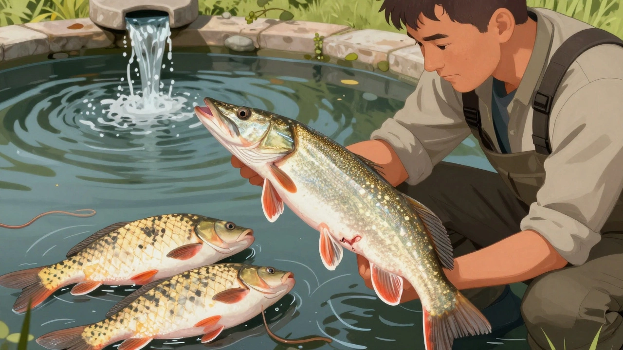 Рыбак осматривает свежепойманного судака — его мясо белое и без паразитов, рядом — заражённые карась и лещ.