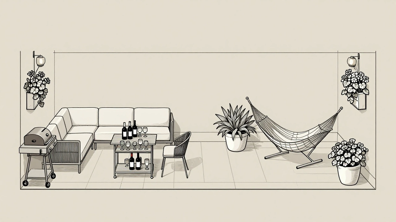 Схема террасы с зонами отдыха, приёма пищи и релакса: диван, бар-тележка, гриль и вертикальные горшки.