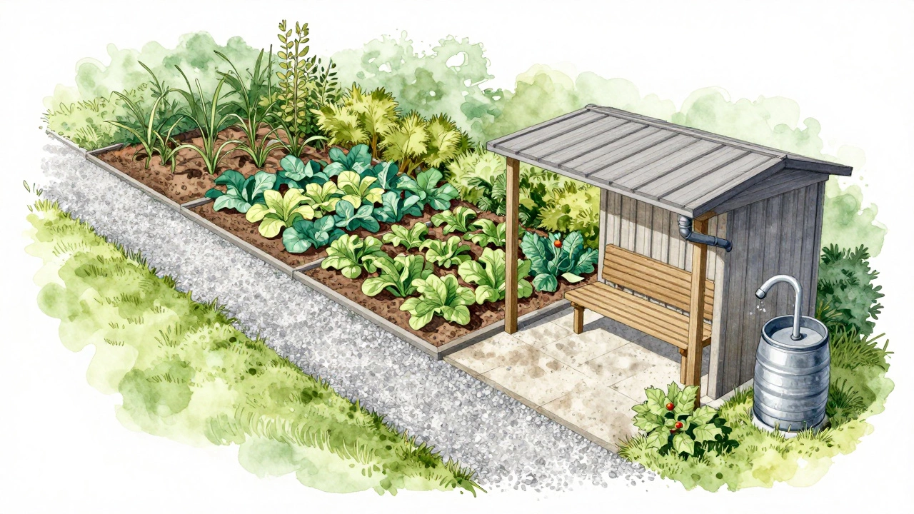 Схема участка с зонами: дорожка, огород, беседка, сарай и бочка для воды, без растений.