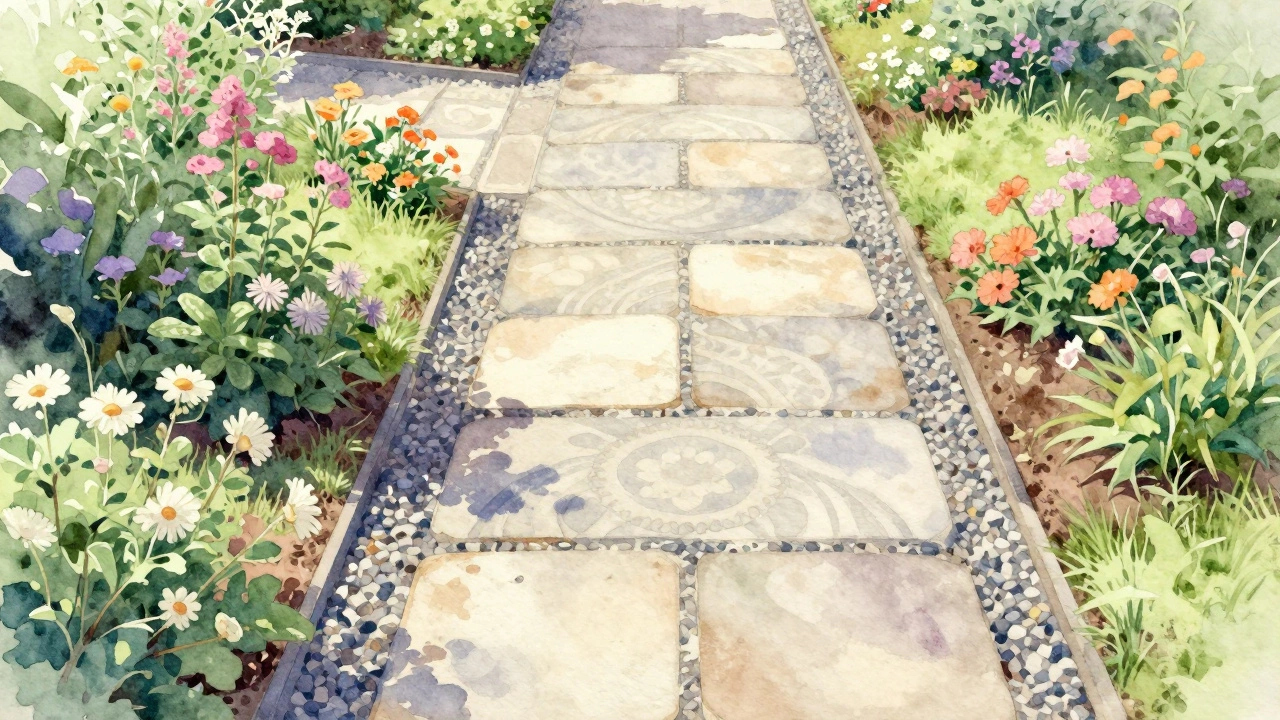 Сочетание тротуарной плитки и гравия на дорожке в саду