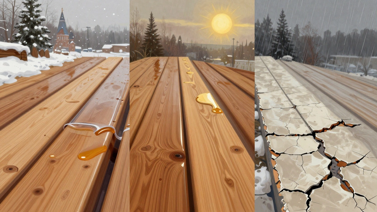 Три типа покрытий для террасы: пропитка, масло и лак — показаны их разные эффекты на древесине.