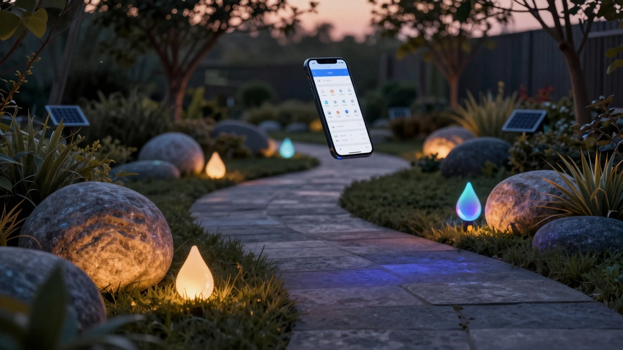 Умные солнечные светильники в форме капель и камней плавно меняют цвет при наступлении вечера.