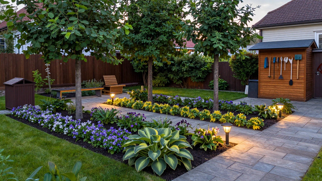 Зрелый уютный сад с деревьями, цветниками, дорожками и мягким светом фонарей, всё на своих местах.