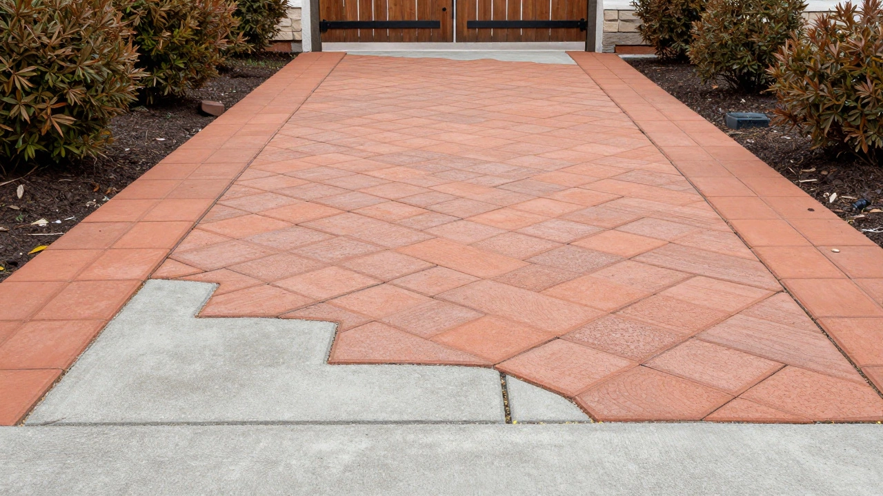 Бетонная дорожка, покрытая керамической тротуарной плиткой в узоре елочка.