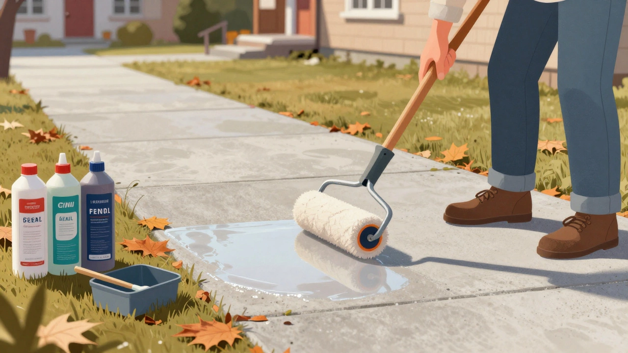 Человек наносит полиуретановый лак на бетонную дорожку под солнечным светом.