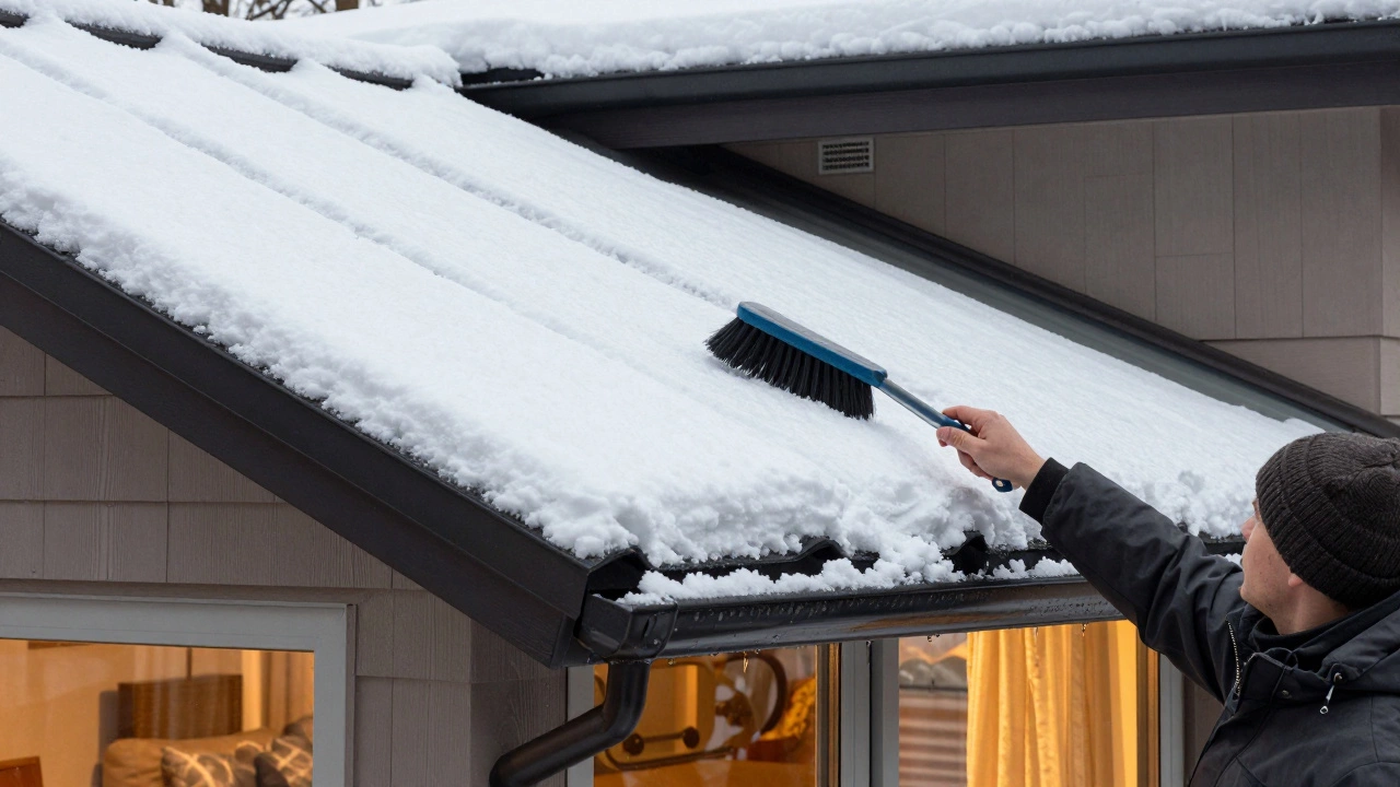 Человек убирает снег с крыши веранды из поликарбоната, снег скатывается, видны желоба и теплое освещение.
