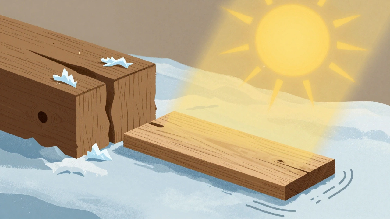 Деревянная доска с символическими изображениями влаги, солнца и мороза, разрушающих древесину.