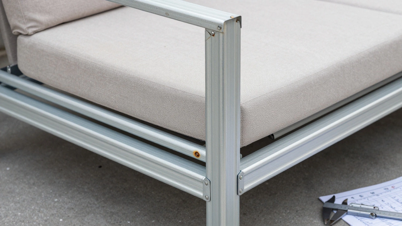 Деталь каркаса садового дивана: прочный алюминиевый профиль 2,5 мм с усиленными укосинами и без ржавчины.
