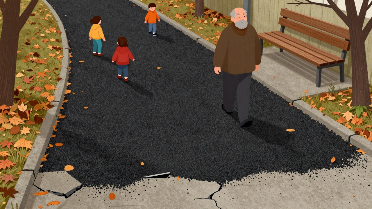 Дети играют на резиновой крошке, пожилой человек идет по мягкой дорожке, скрытые трещины бетона.