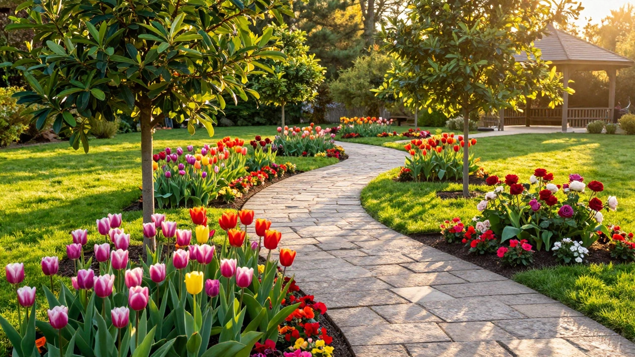 Готовый сад с дорожками, цветниками и молодыми деревьями в солнечный день.