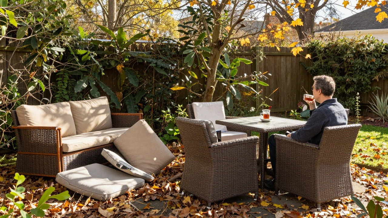 Идеальная садовая мебель на фоне выброшенной дешевой, символизирующая долговечность против постоянной замены.