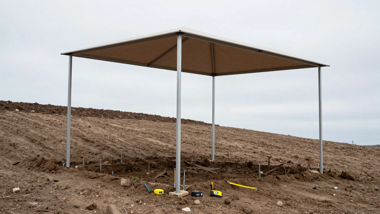 Металлическая беседка с тканевым навесом, закрепленная винтовыми сваями на склоне.