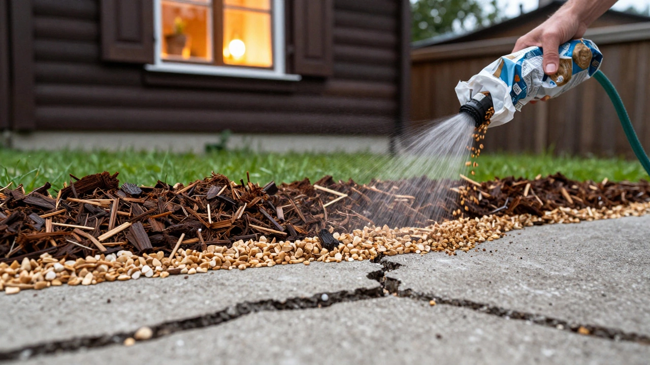 Обновление деревянной гранулой треснутой бетонной дорожки, рука разбрасывает гранулы, дом вдали.