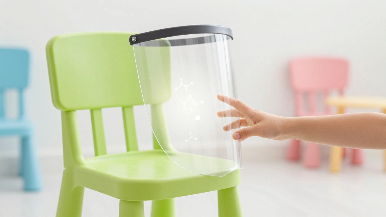 Рука ребенка приближается к стулу, но между ними — прозрачный щит из молекул, символизирующий защиту от бактерий.