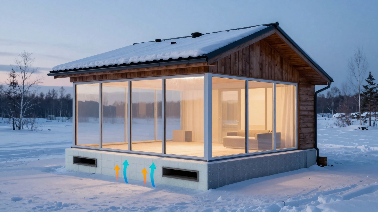 Схема утепленной веранды: пол, стены, крыша с уклоном, снегозадержатели и вентиляционные отверстия.