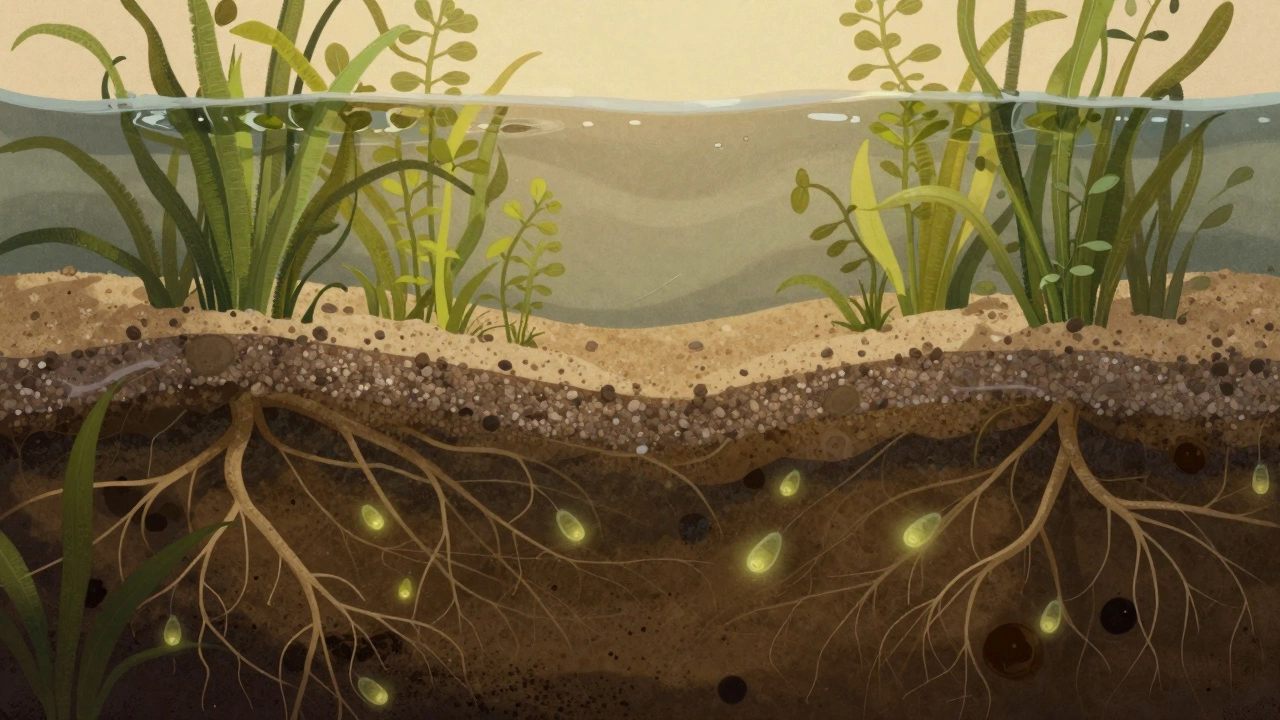 Схематичный вид слоёв природного фильтра пруда: растения, гравий и микроорганизмы, работающие вместе.