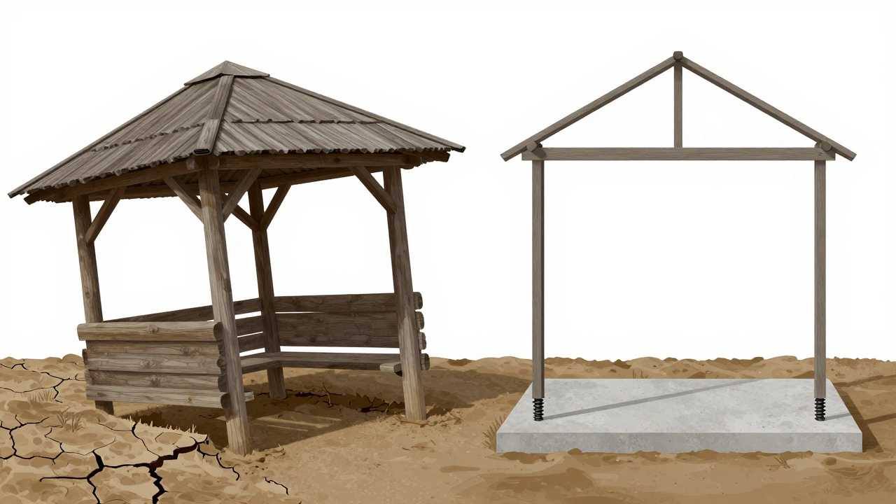 Сравнение: неправильно установленная беседка с гниющими опорами и правильно установленная на опорах.